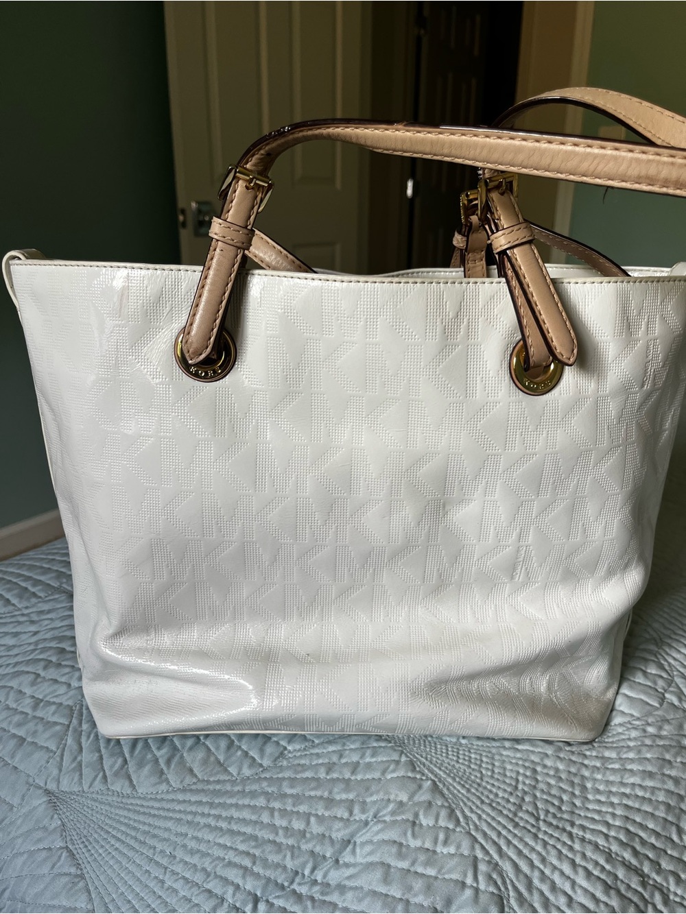 Michael Kors White Tote with Tan Leather Handles